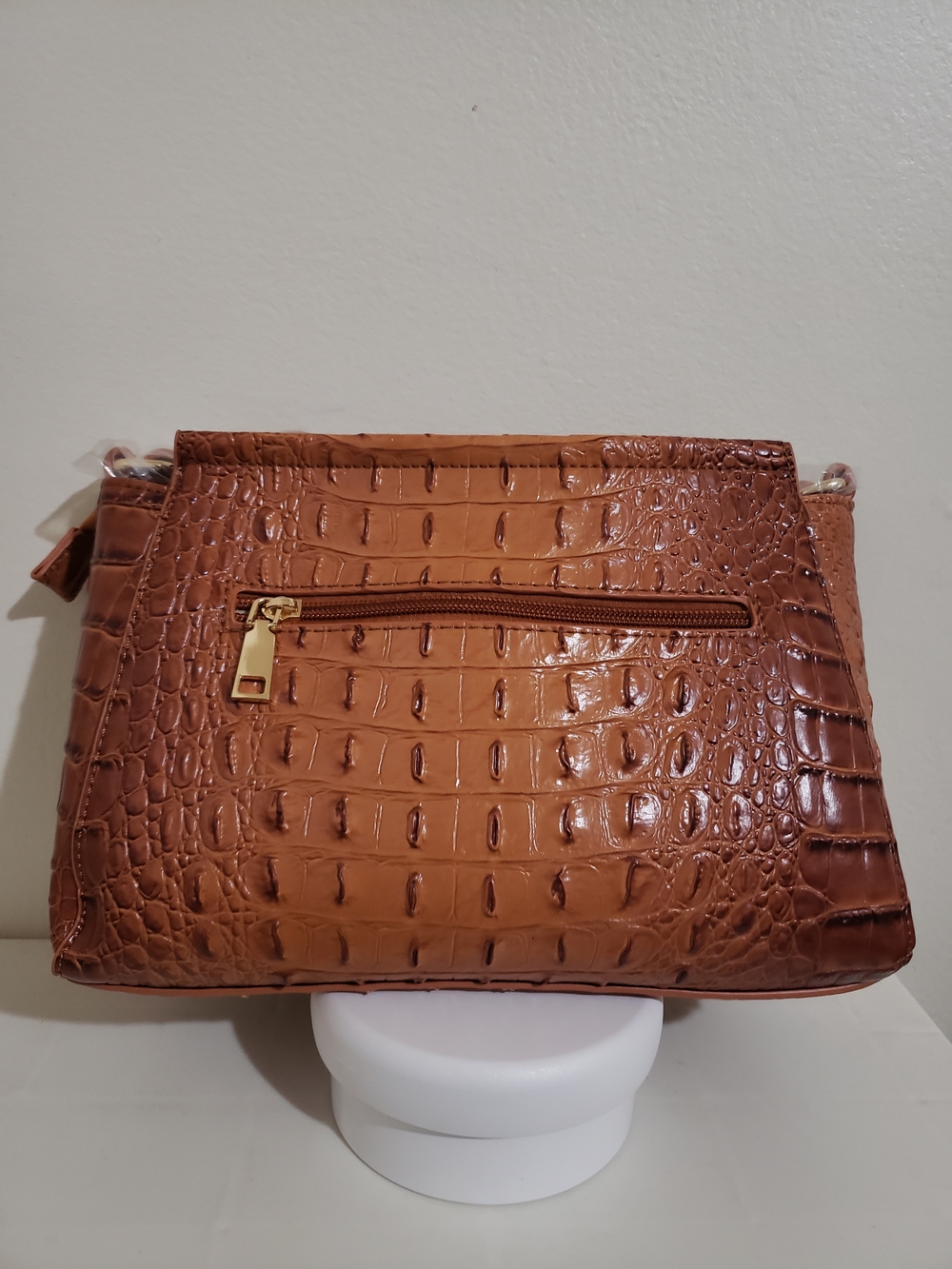 Croc-Embossed Tan Crossbody Bag with Front Zip Pocket